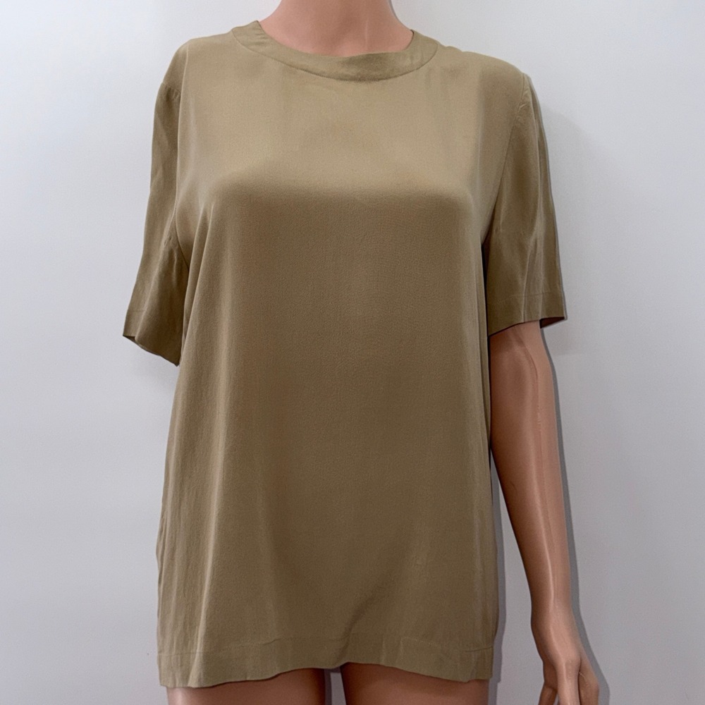 Preston & York S Silk Short Sleeve Blouse Khaki Tan Minimalist Quiet Luxury Top